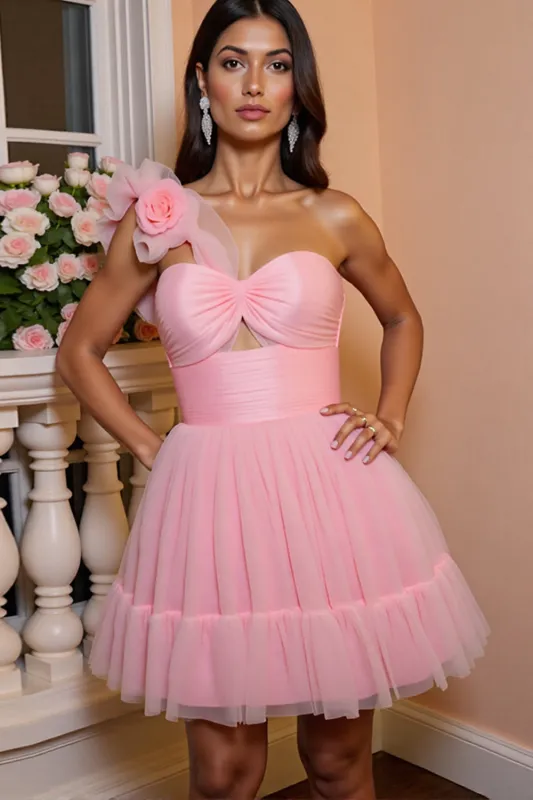 One Shoulder Pink A Line Tulle Homecoming Dress with 3D Flowers sold by Zapaka