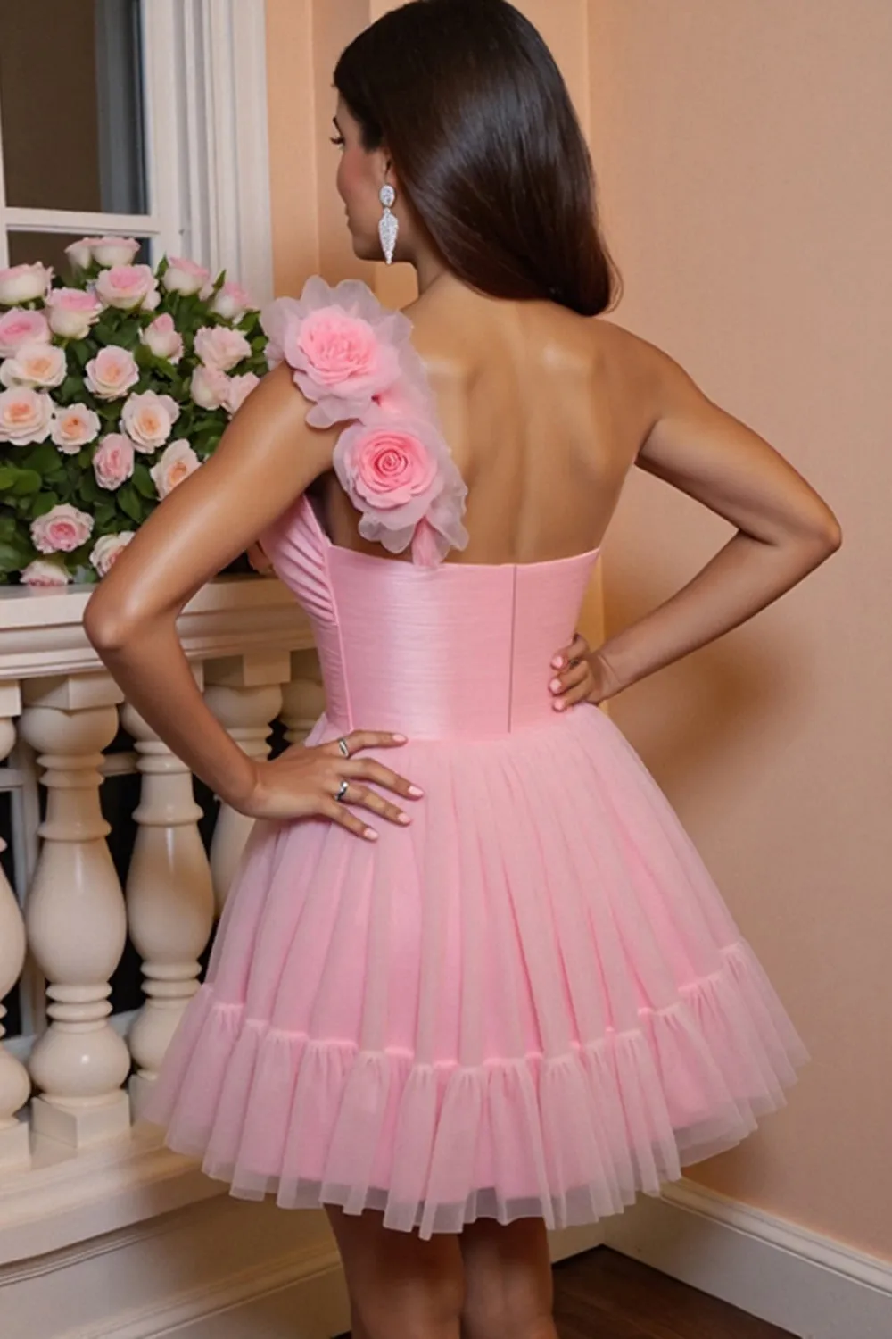 One Shoulder Pink A Line Tulle Homecoming Dress with 3D Flowers sold by Zapaka product image thumbnail 2