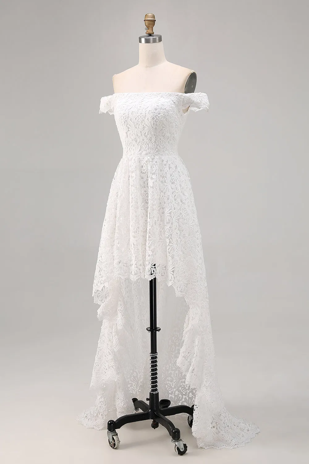 White Off the Shoulder Lace High-Low Boho Wedding Dress sold by Zapaka product image thumbnail 3