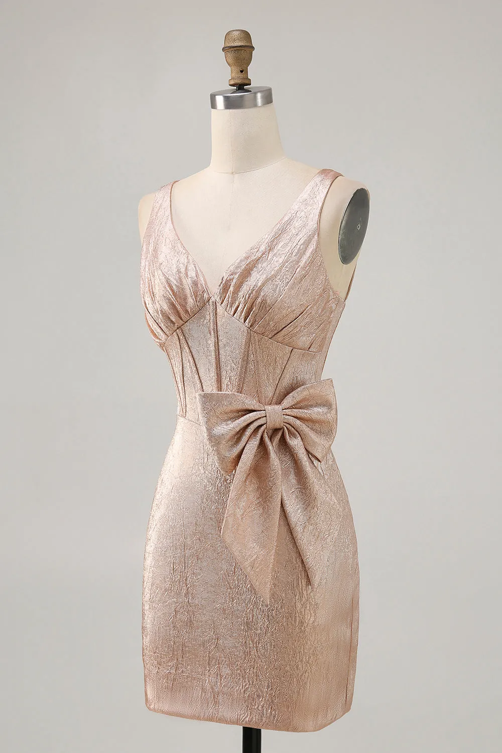 Champagne Bodycon Satin Short Homecoming Dress with Bow sold by Zapaka product image thumbnail 3