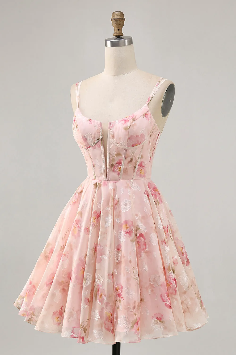 Blush Floral A Line Square Neck Corset Printed Homecoming Dress sold by Zapaka product image thumbnail 3