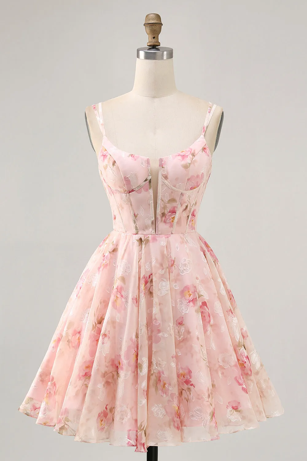 Blush Floral A Line Square Neck Corset Printed Homecoming Dress sold by Zapaka