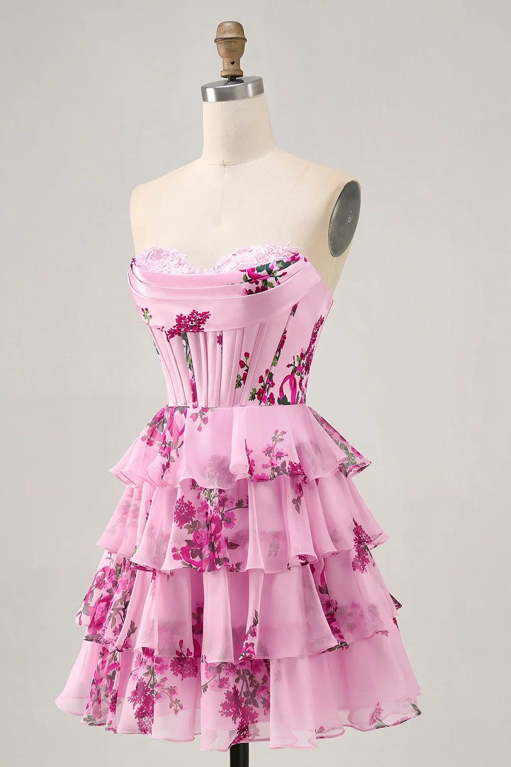 Pink Floral A Line Corset Strapless Tiered Homecoming Dress with Lace Up Back sold by Zapaka product image thumbnail 3