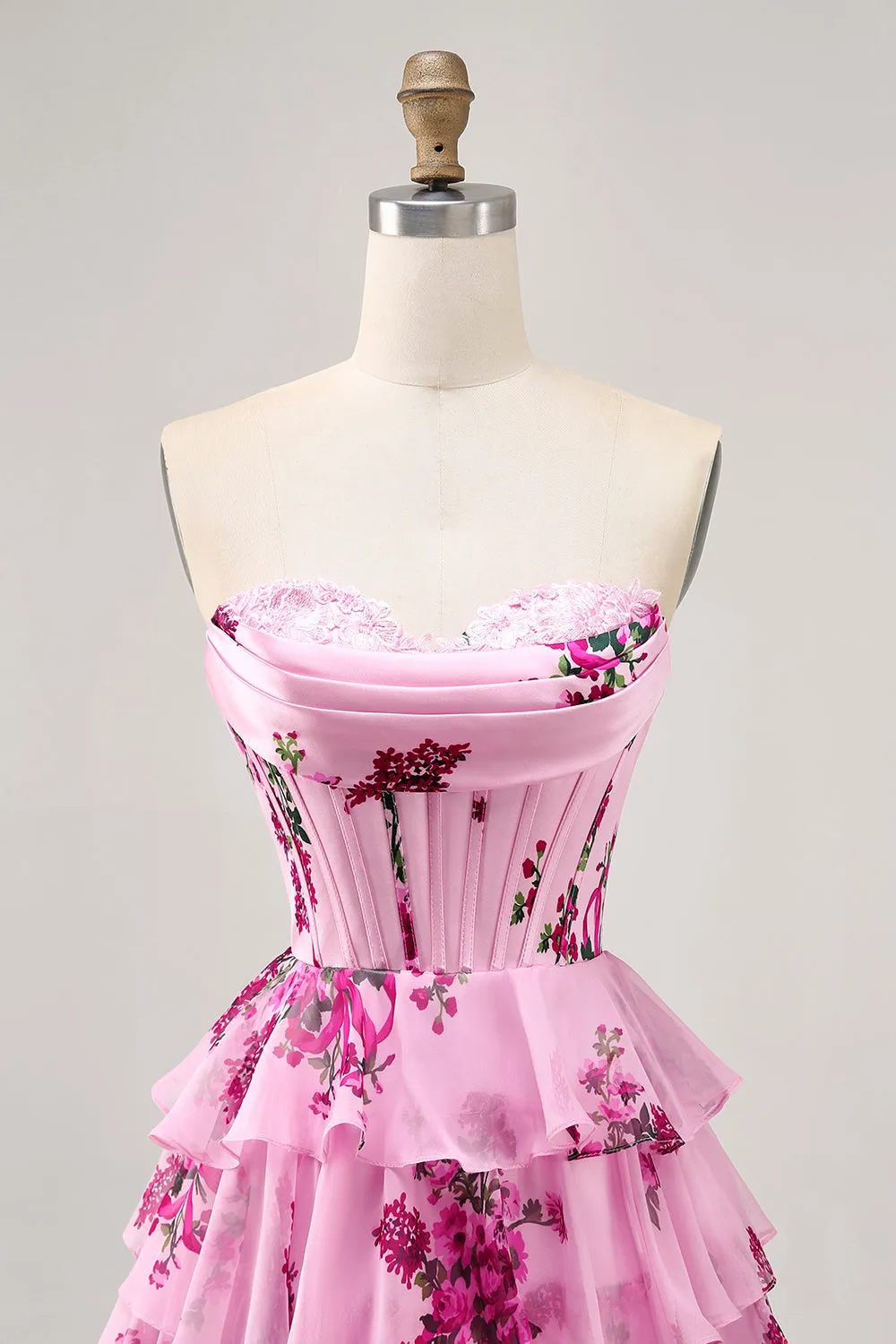 Pink Floral A Line Corset Strapless Tiered Homecoming Dress with Lace Up Back sold by Zapaka product image thumbnail 4