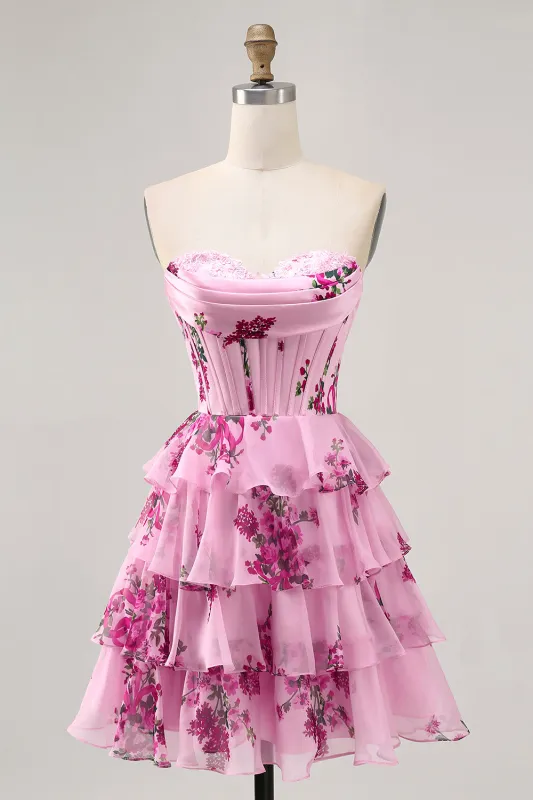 Pink Floral A Line Corset Strapless Tiered Homecoming Dress with Lace Up Back sold by Zapaka