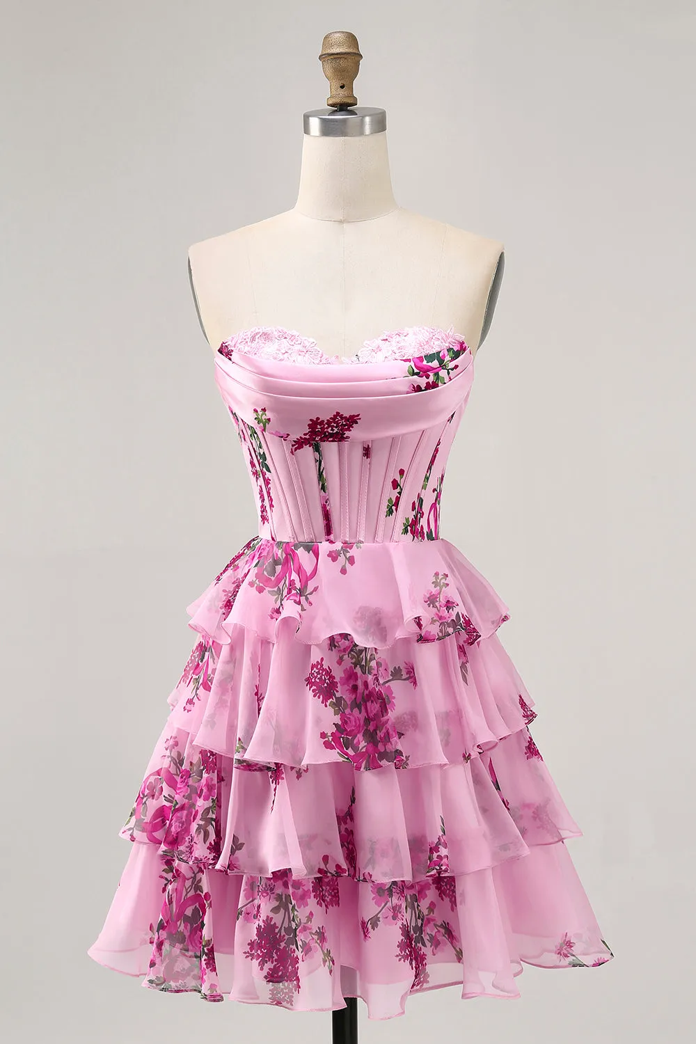 Pink Floral A Line Corset Strapless Tiered Homecoming Dress with Lace Up Back sold by Zapaka