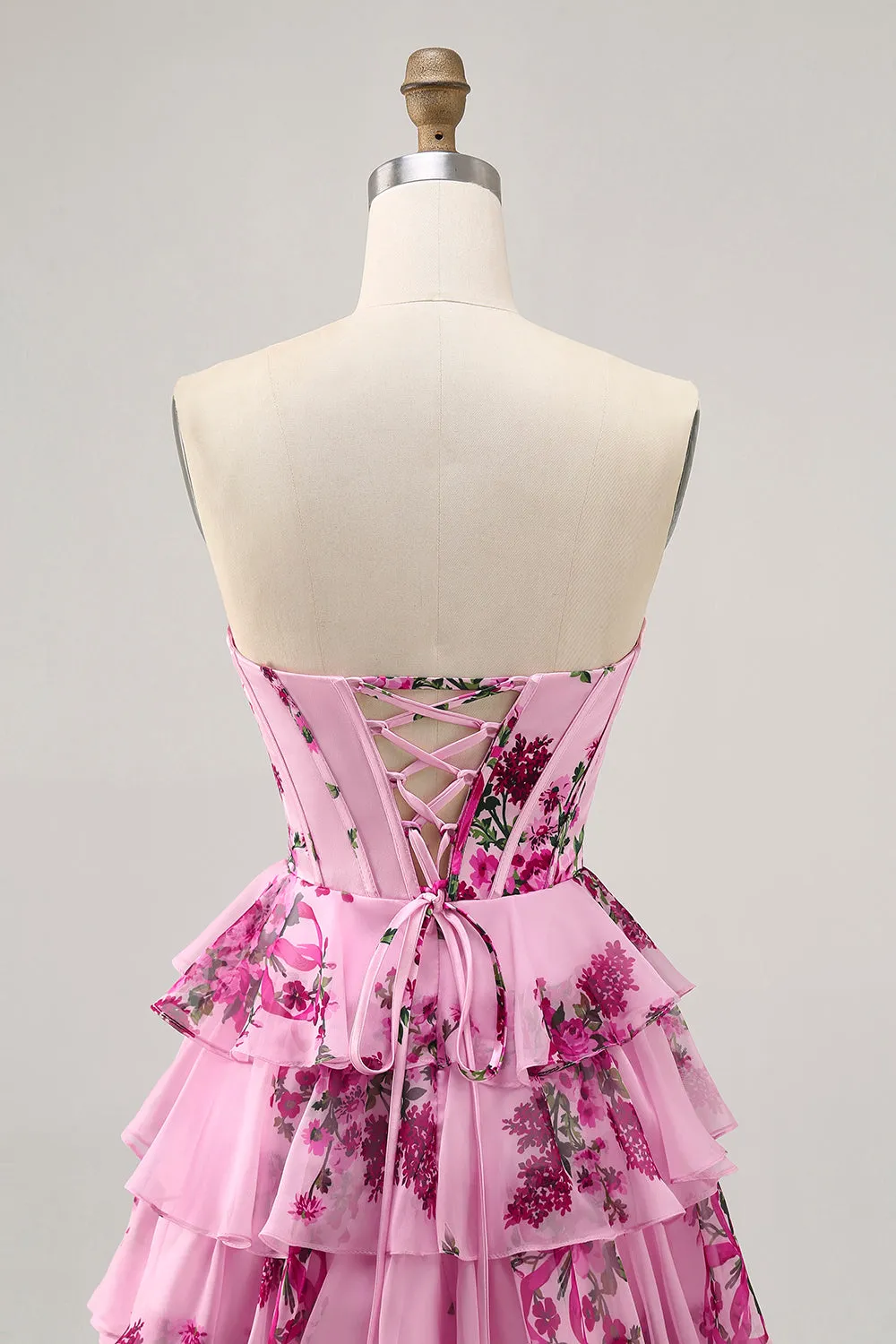 Pink Floral A Line Corset Strapless Tiered Homecoming Dress with Lace Up Back sold by Zapaka product image thumbnail 5
