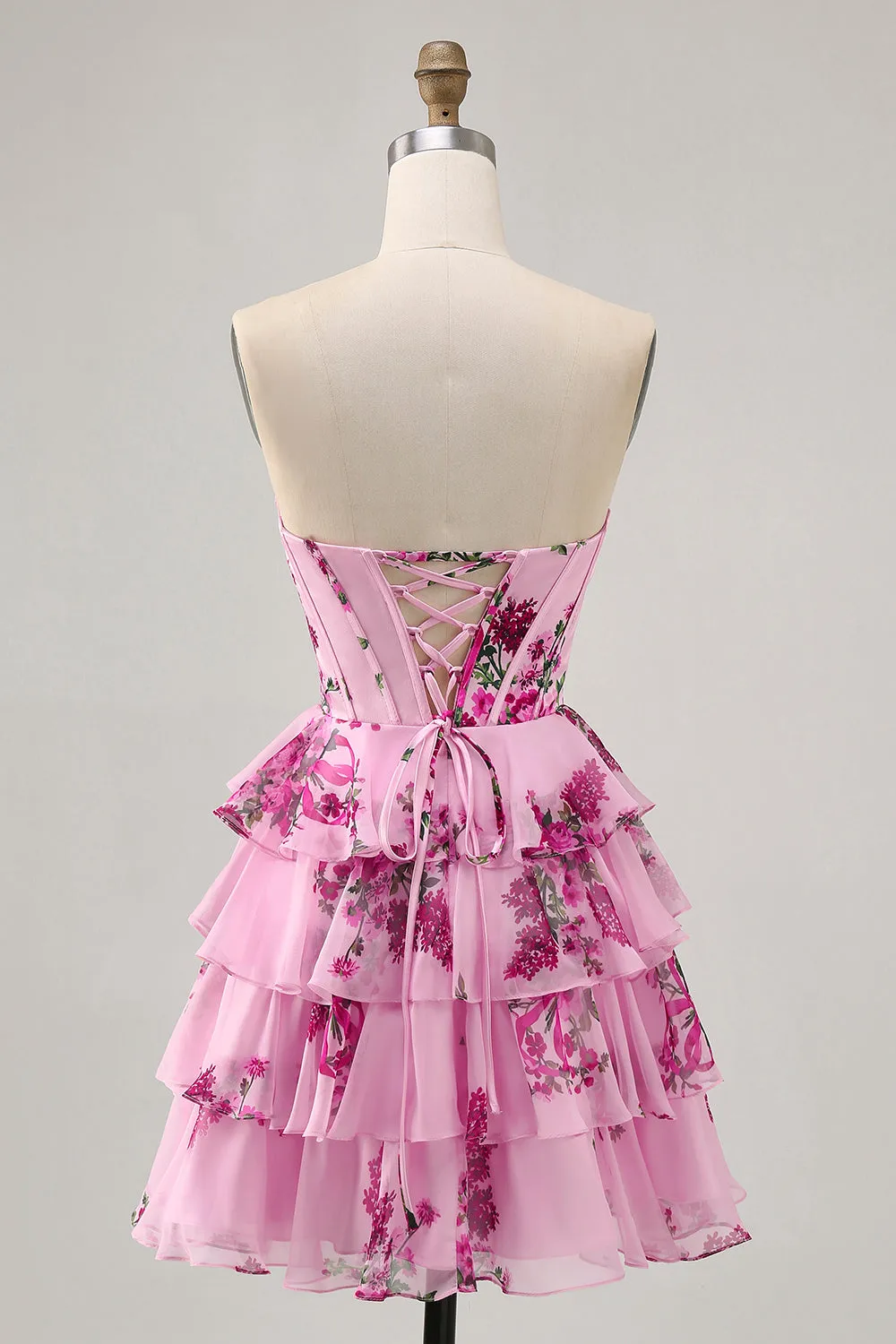 Pink Floral A Line Corset Strapless Tiered Homecoming Dress with Lace Up Back sold by Zapaka product image thumbnail 2