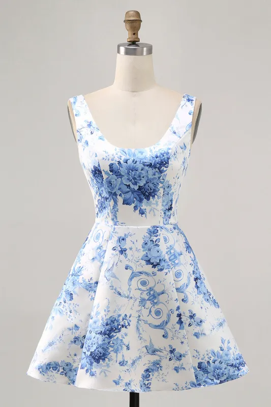 White Blue Flower Printed A Line Short Homecoming Dress sold by Zapaka