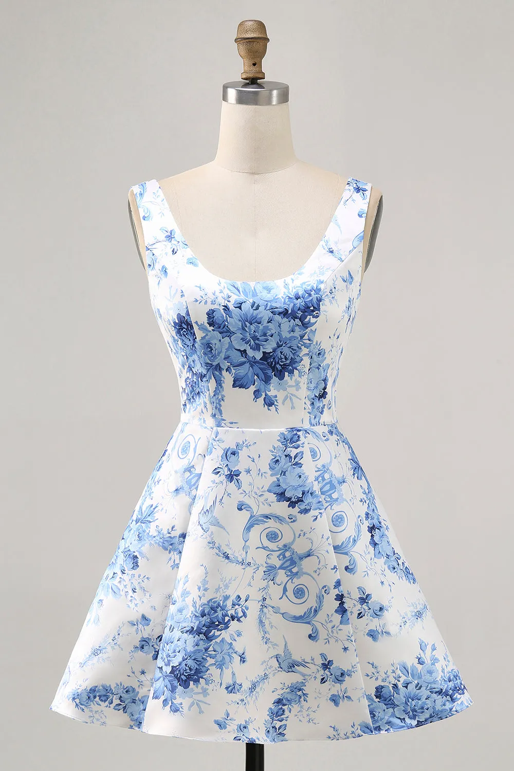 White Blue Flower Printed A Line Short Homecoming Dress sold by Zapaka
