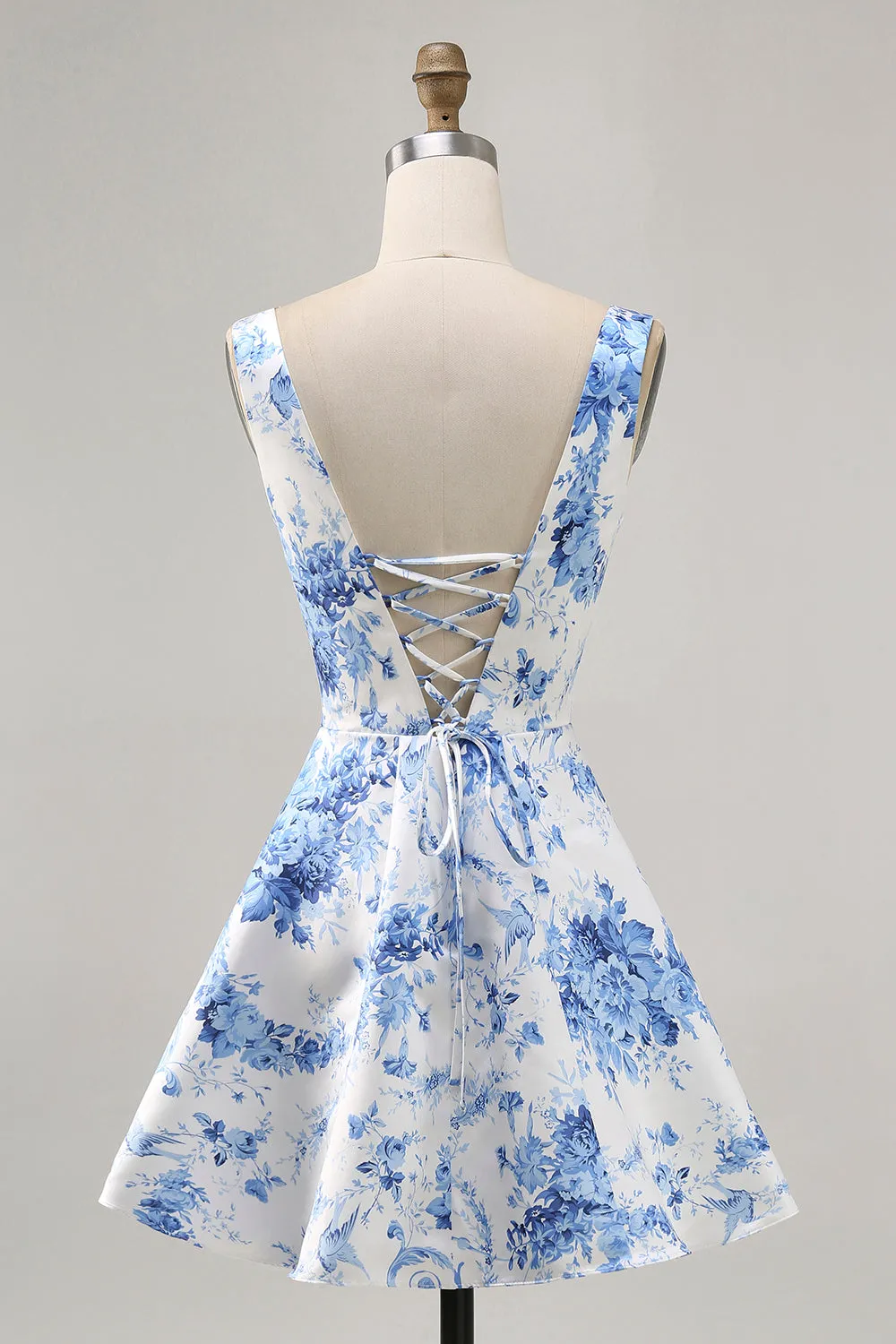 White Blue Flower Printed A Line Short Homecoming Dress sold by Zapaka product image thumbnail 2