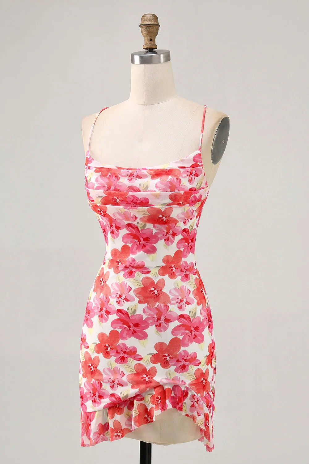 Red Flower Bodycon Spaghetti Straps Printed Mini Homecoming Dress sold by Zapaka product image thumbnail 3