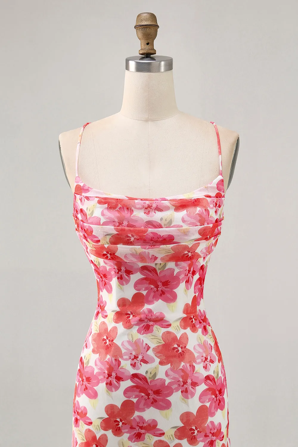 Red Flower Bodycon Spaghetti Straps Printed Mini Homecoming Dress sold by Zapaka product image thumbnail 4