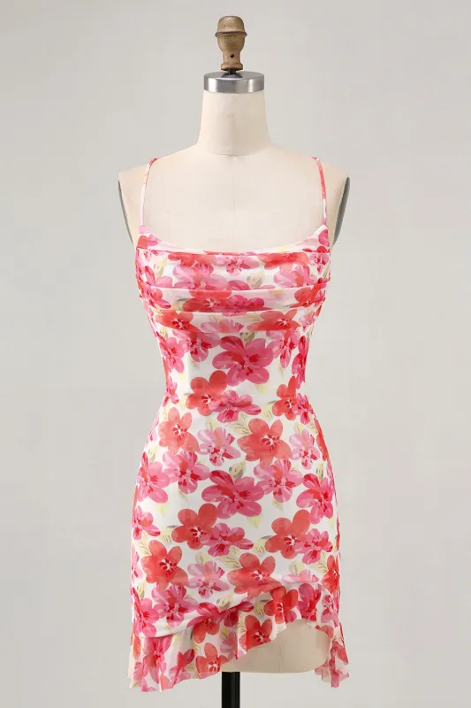 Red Flower Bodycon Spaghetti Straps Printed Mini Homecoming Dress sold by Zapaka