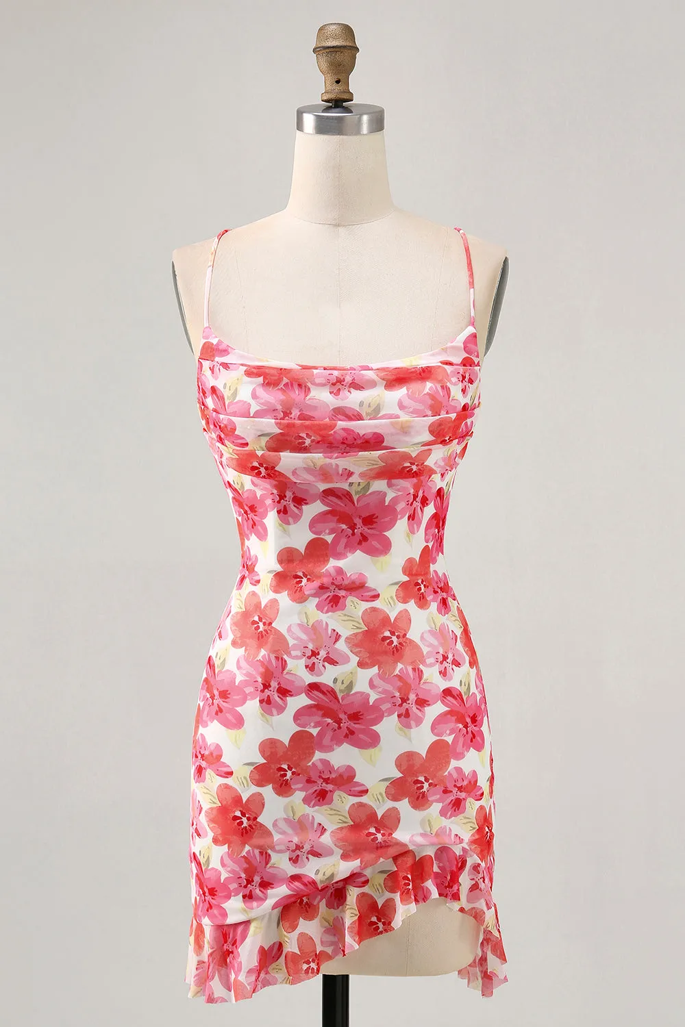 Red Flower Bodycon Spaghetti Straps Printed Mini Homecoming Dress sold by Zapaka