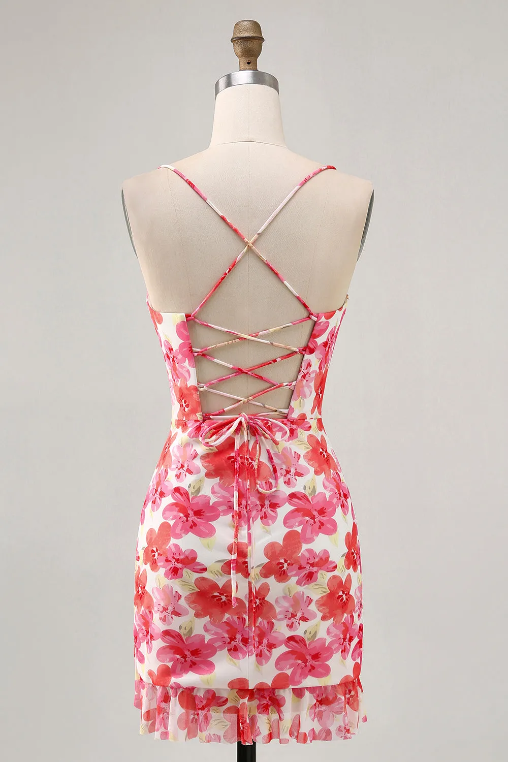 Red Flower Bodycon Spaghetti Straps Printed Mini Homecoming Dress sold by Zapaka product image thumbnail 2