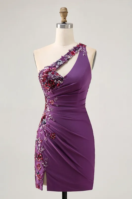 Dark Purple One Shoulder Sequins Bodycon Homecoming Dress with Slit sold by Zapaka