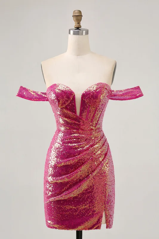 Sparkly Fuchsia Off The Shoulder Bodycon Sequins Homecoming Dress sold by Zapaka