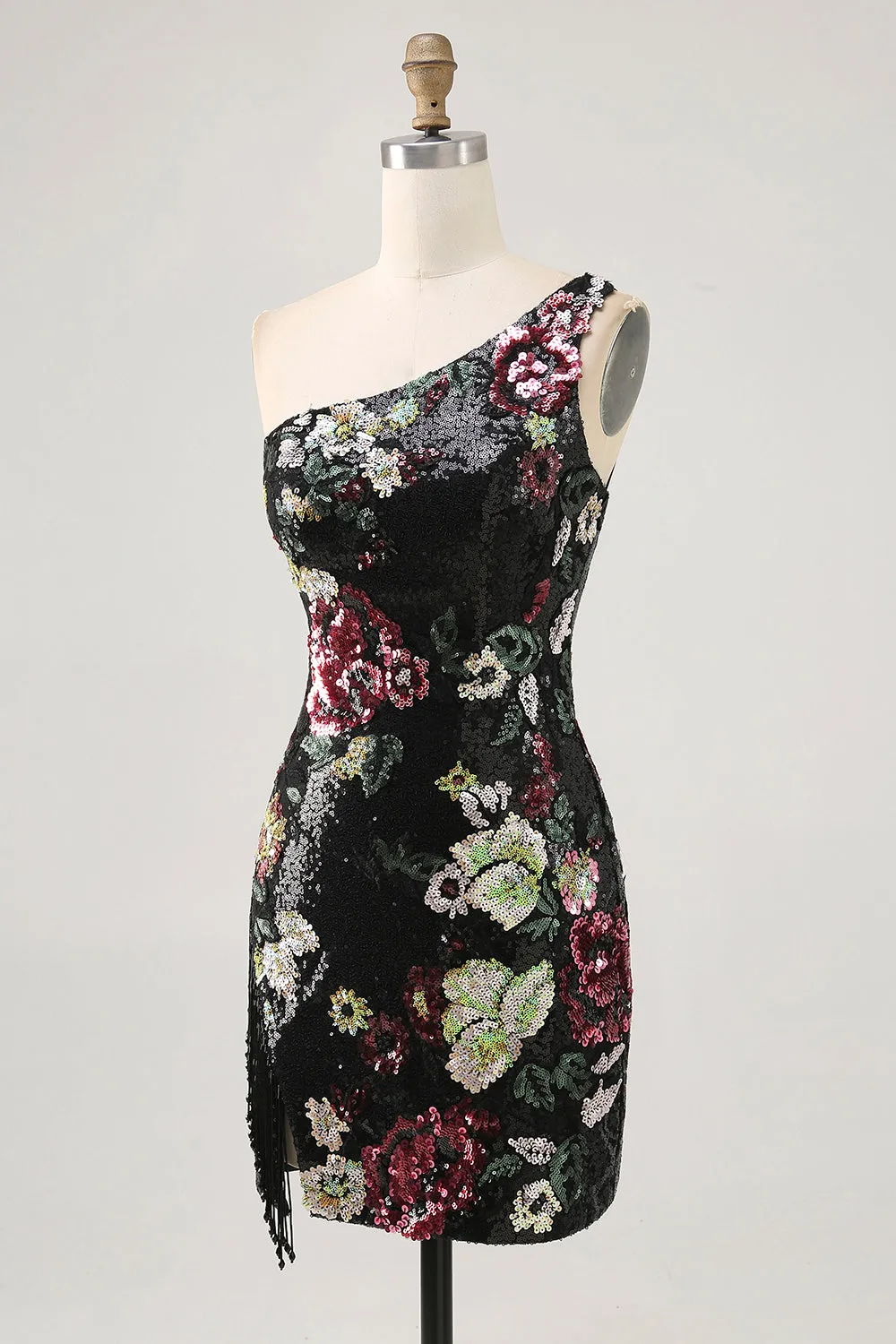 Black Flower Bodycon Sequin One Shoulder Homecoming Dress sold by Zapaka product image thumbnail 3