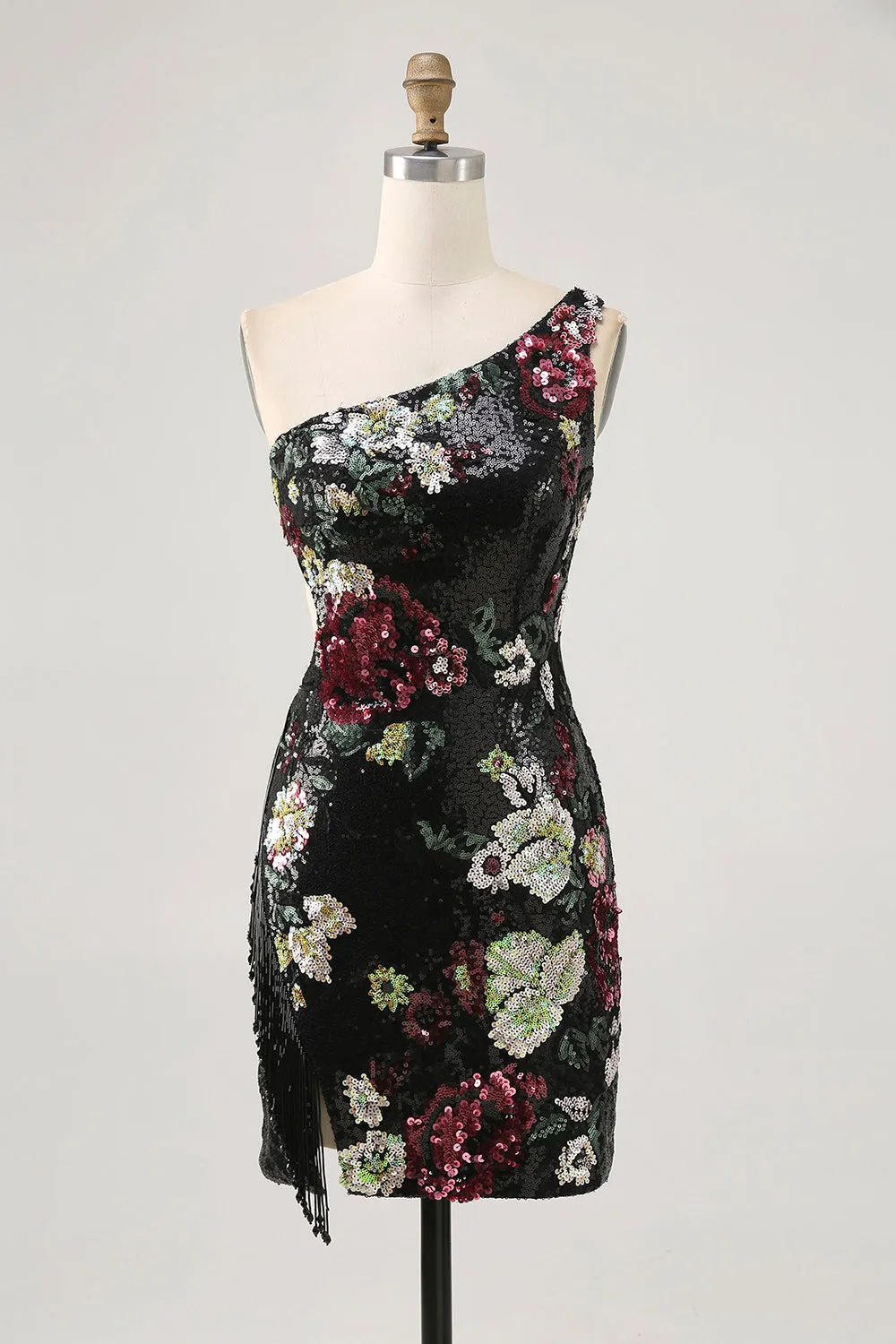 Black Flower Bodycon Sequin One Shoulder Homecoming Dress sold by Zapaka