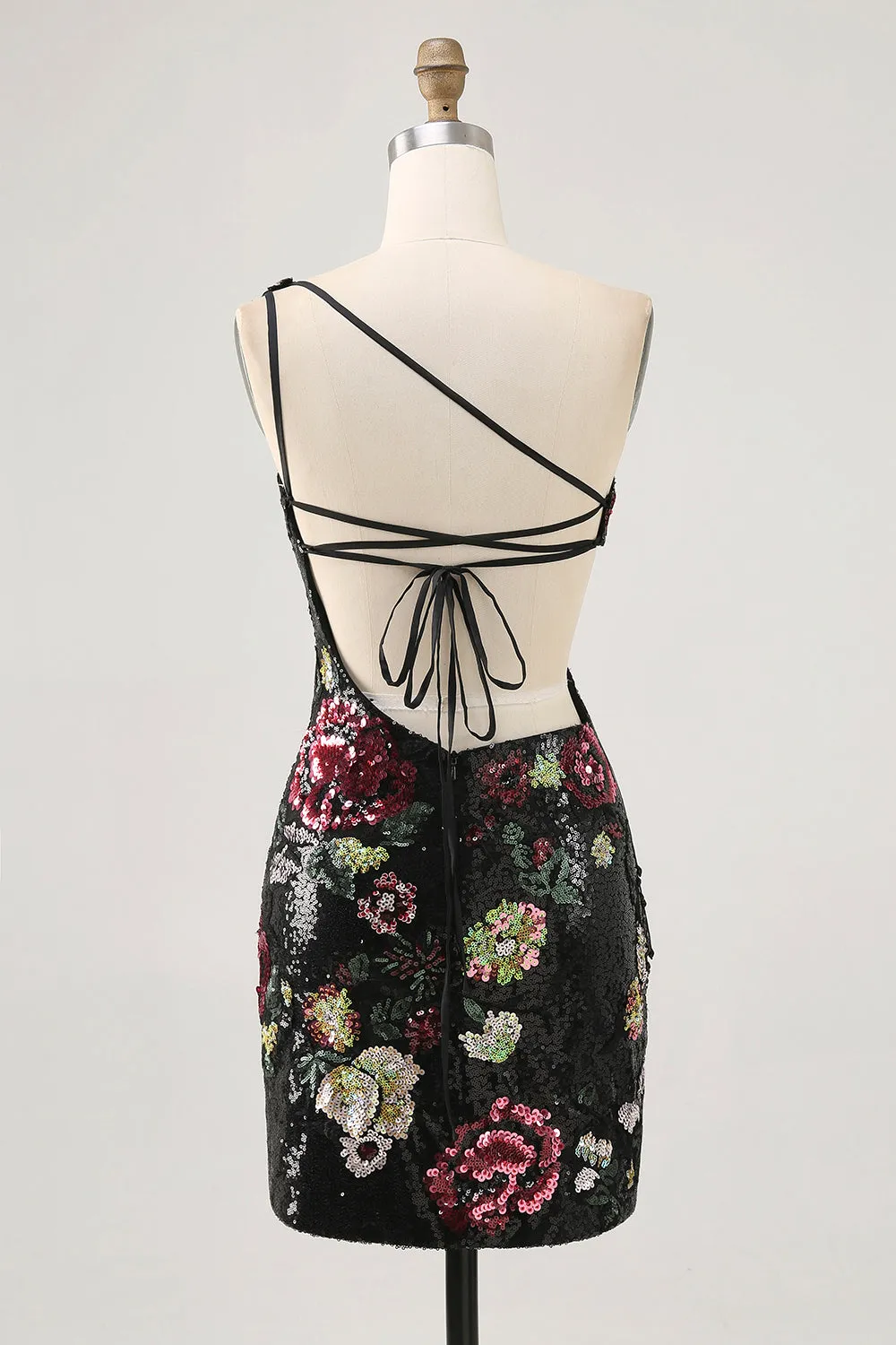 Black Flower Bodycon Sequin One Shoulder Homecoming Dress sold by Zapaka product image thumbnail 2