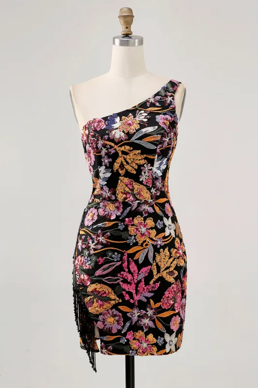 Black Flower Bodycon One Shoulder Homecoming Dress with Embroidery sold by Zapaka