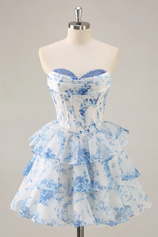 White Blue Flower A-Line Cowl Neck Corset Tiered Strapless Mini Homecoming Dress sold by Zapaka