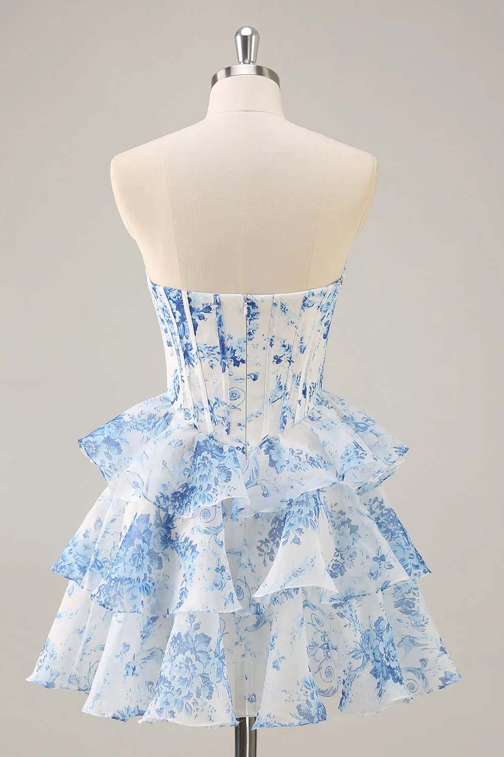 White Blue Flower A-Line Cowl Neck Corset Tiered Strapless Mini Homecoming Dress sold by Zapaka product image thumbnail 2