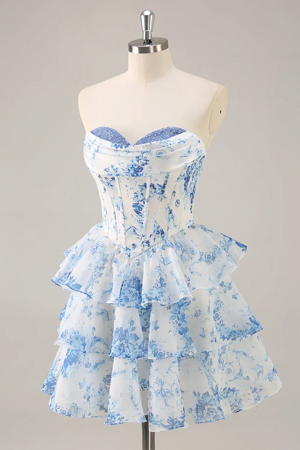 White Blue Flower A-Line Cowl Neck Corset Tiered Strapless Mini Homecoming Dress sold by Zapaka product image thumbnail 3