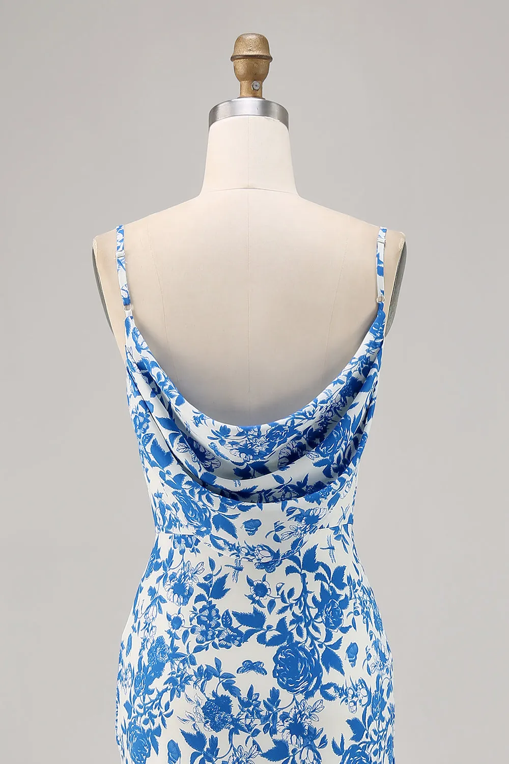 Blue Flower Cowl Neck Mermaid Long Wedding Guest Dress sold by Zapaka product image thumbnail 5