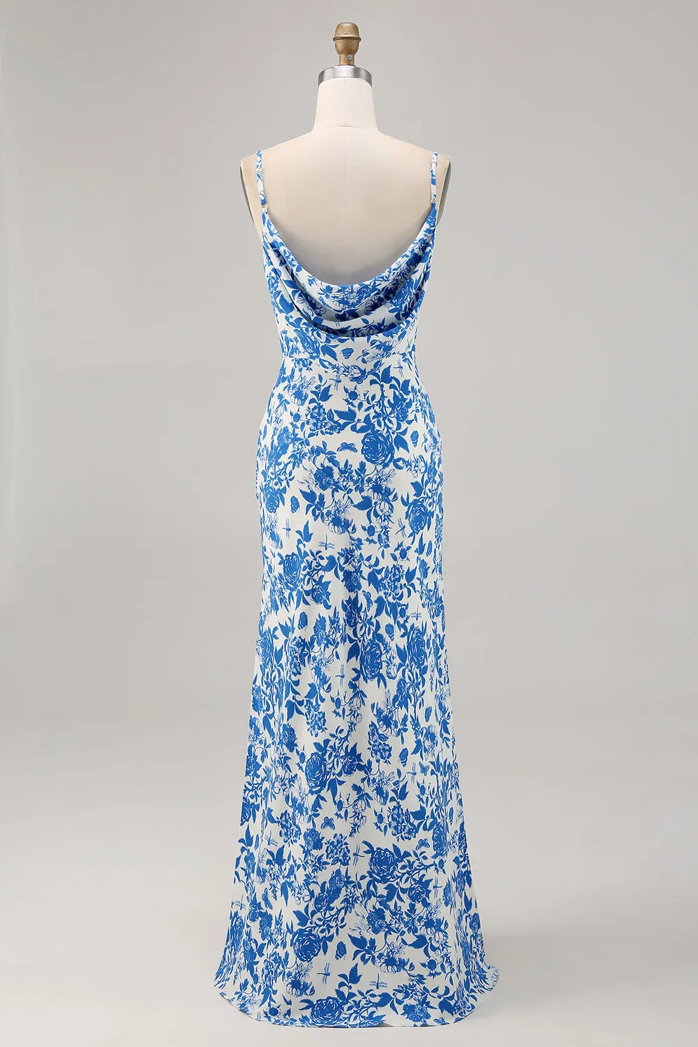 Blue Flower Cowl Neck Mermaid Long Wedding Guest Dress sold by Zapaka product image thumbnail 2