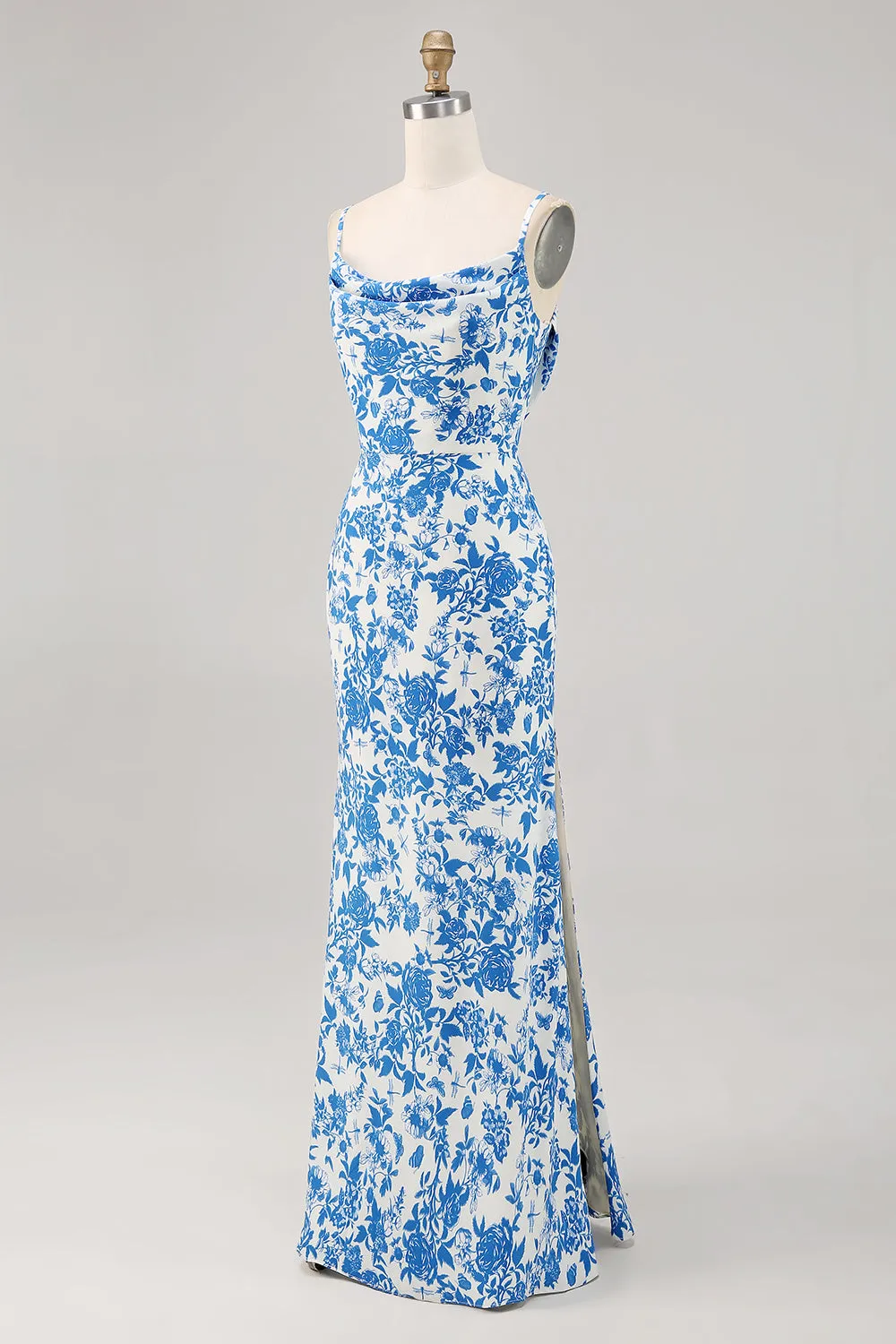 Blue Flower Cowl Neck Mermaid Long Wedding Guest Dress sold by Zapaka product image thumbnail 3