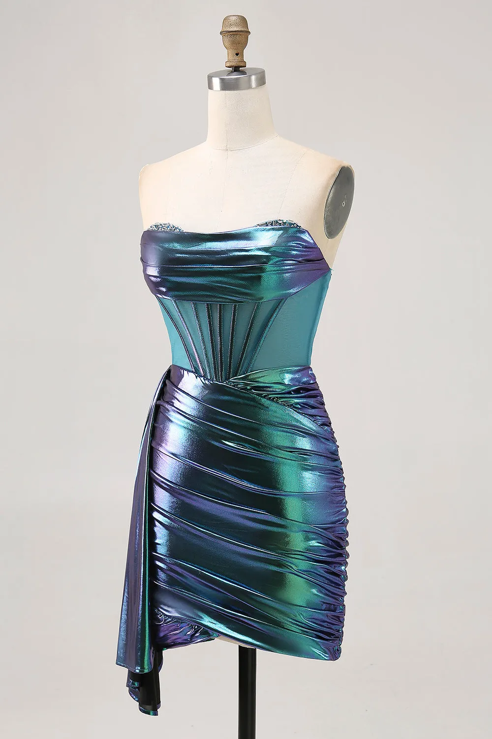 Metallic Green Corset Ruched Bodycon Short Homecoming Dress sold by Zapaka product image thumbnail 3