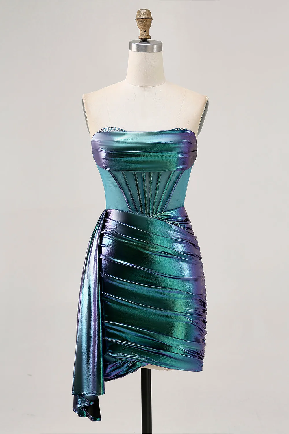 Metallic Green Corset Ruched Bodycon Short Homecoming Dress sold by Zapaka