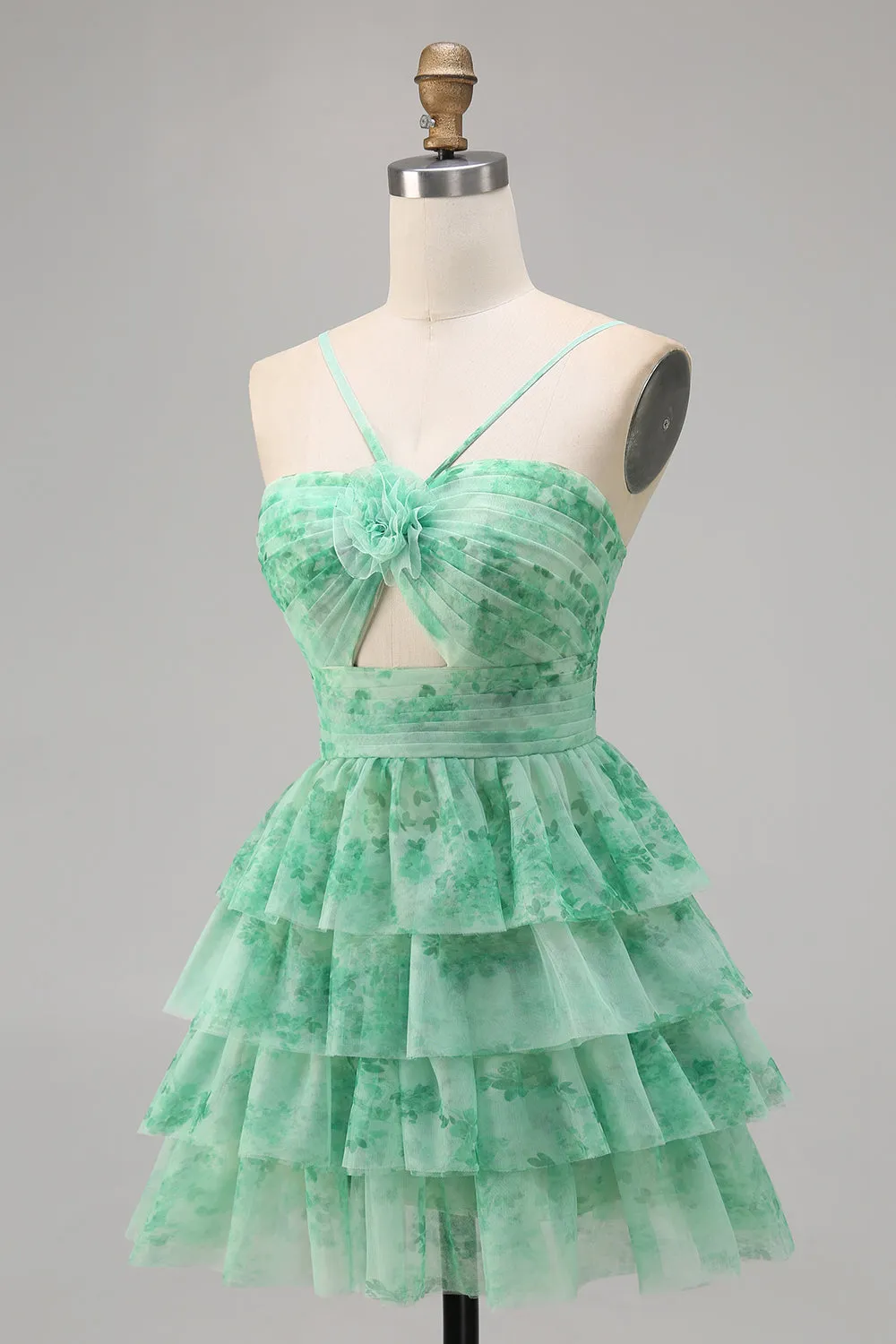 Green Floral Tiered Keyhole A Line Short Homecoming Dress sold by Zapaka product image thumbnail 3