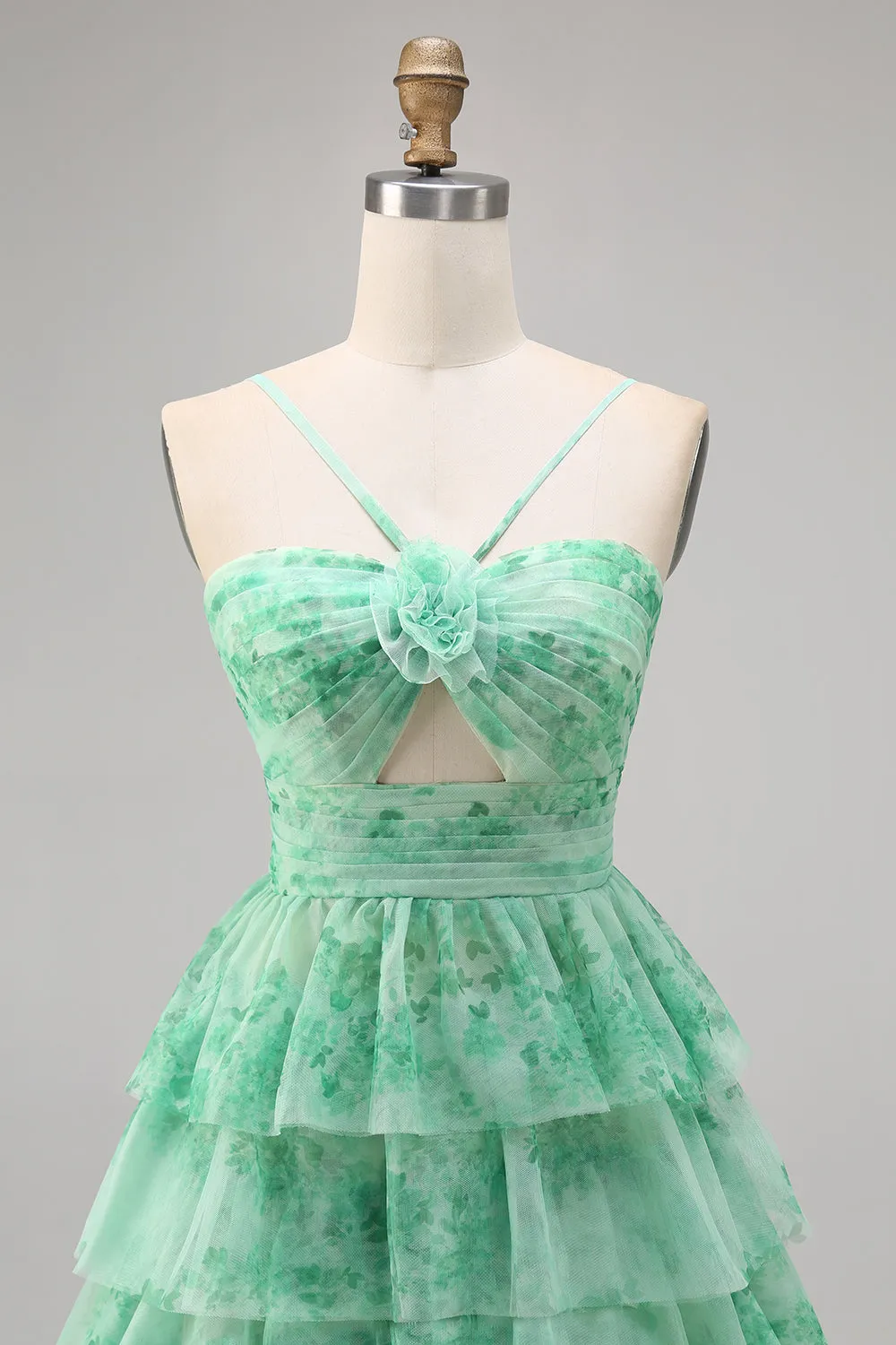Green Floral Tiered Keyhole A Line Short Homecoming Dress sold by Zapaka product image thumbnail 4