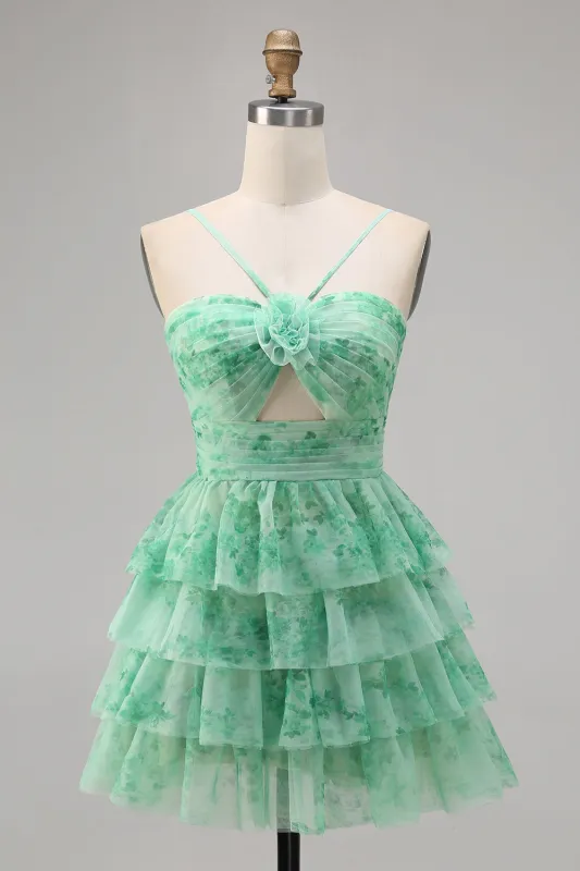 Green Floral Tiered Keyhole A Line Short Homecoming Dress sold by Zapaka