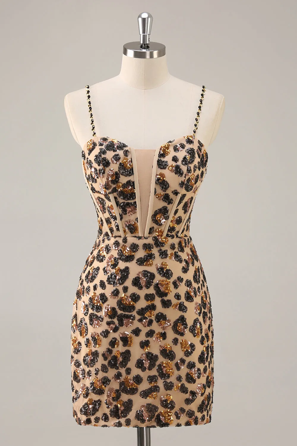 Kahki Leopard Corset Bodycon Short Homecoming Dress with Sequins sold by Zapaka