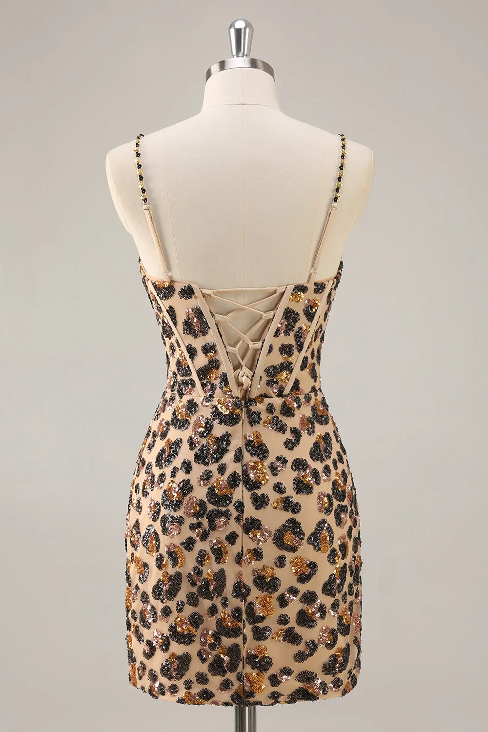 Kahki Leopard Corset Bodycon Short Homecoming Dress with Sequins sold by Zapaka product image thumbnail 2