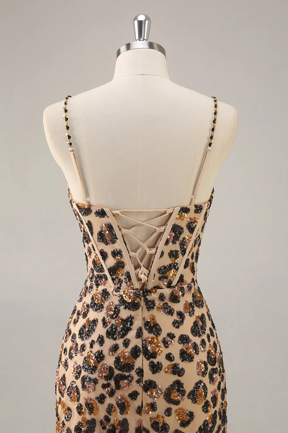 Kahki Leopard Corset Bodycon Short Homecoming Dress with Sequins sold by Zapaka product image thumbnail 5