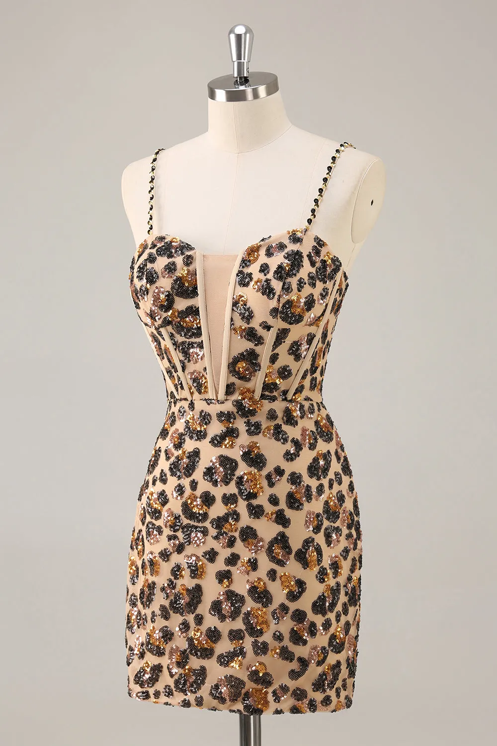 Kahki Leopard Corset Bodycon Short Homecoming Dress with Sequins sold by Zapaka product image thumbnail 3