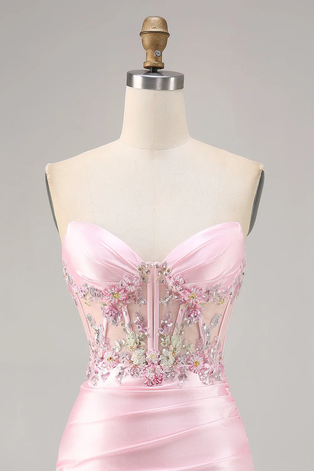 Candy Pink Strapless Bodycon Satin Short Corset Homecoming Dress with Appliques sold by Zapaka product image thumbnail 4