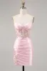 Candy Pink Satin Bodycon Short Corset Homecoming Dress with Appliques sold by Zapaka