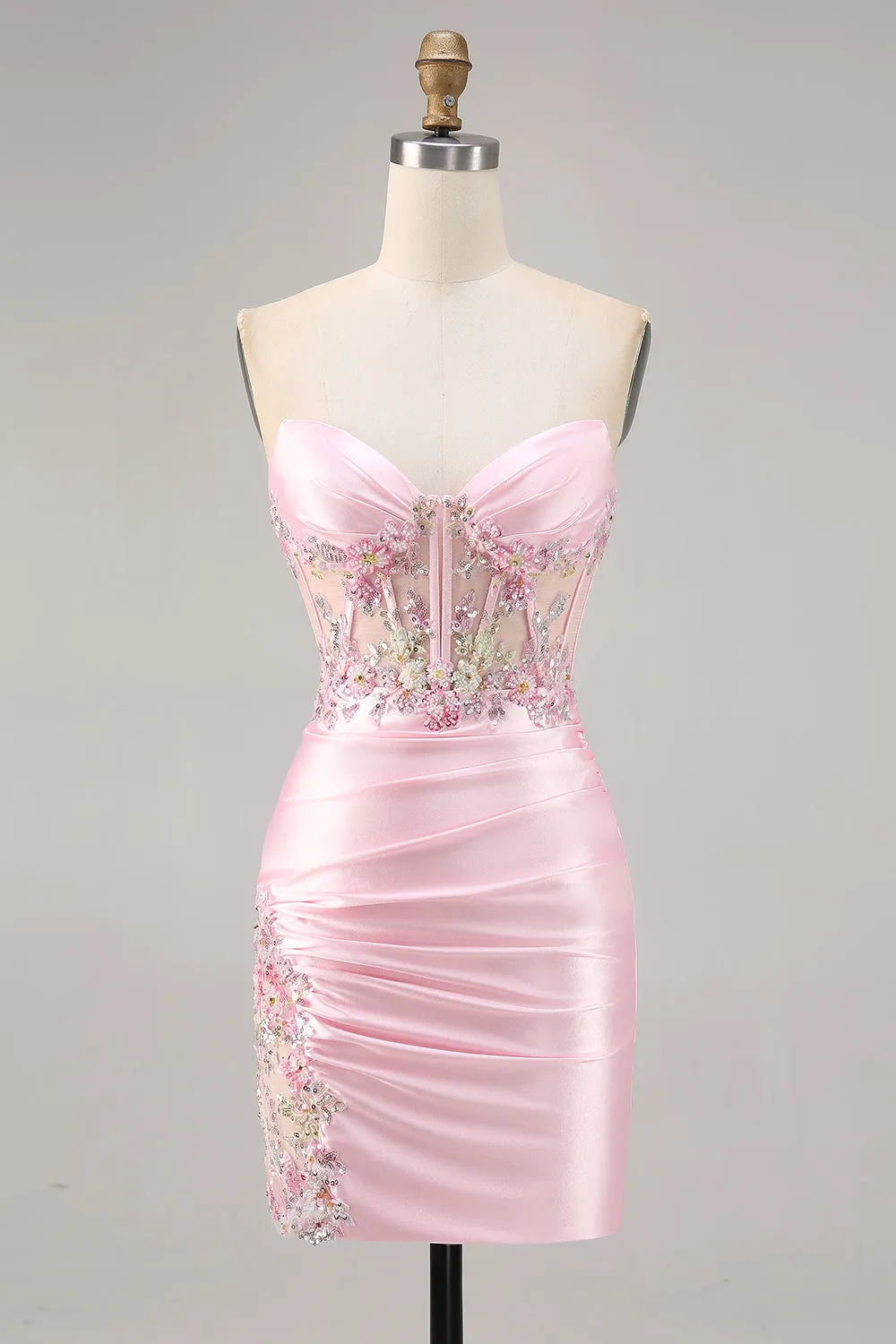 Candy Pink Strapless Bodycon Satin Short Corset Homecoming Dress with Appliques sold by Zapaka