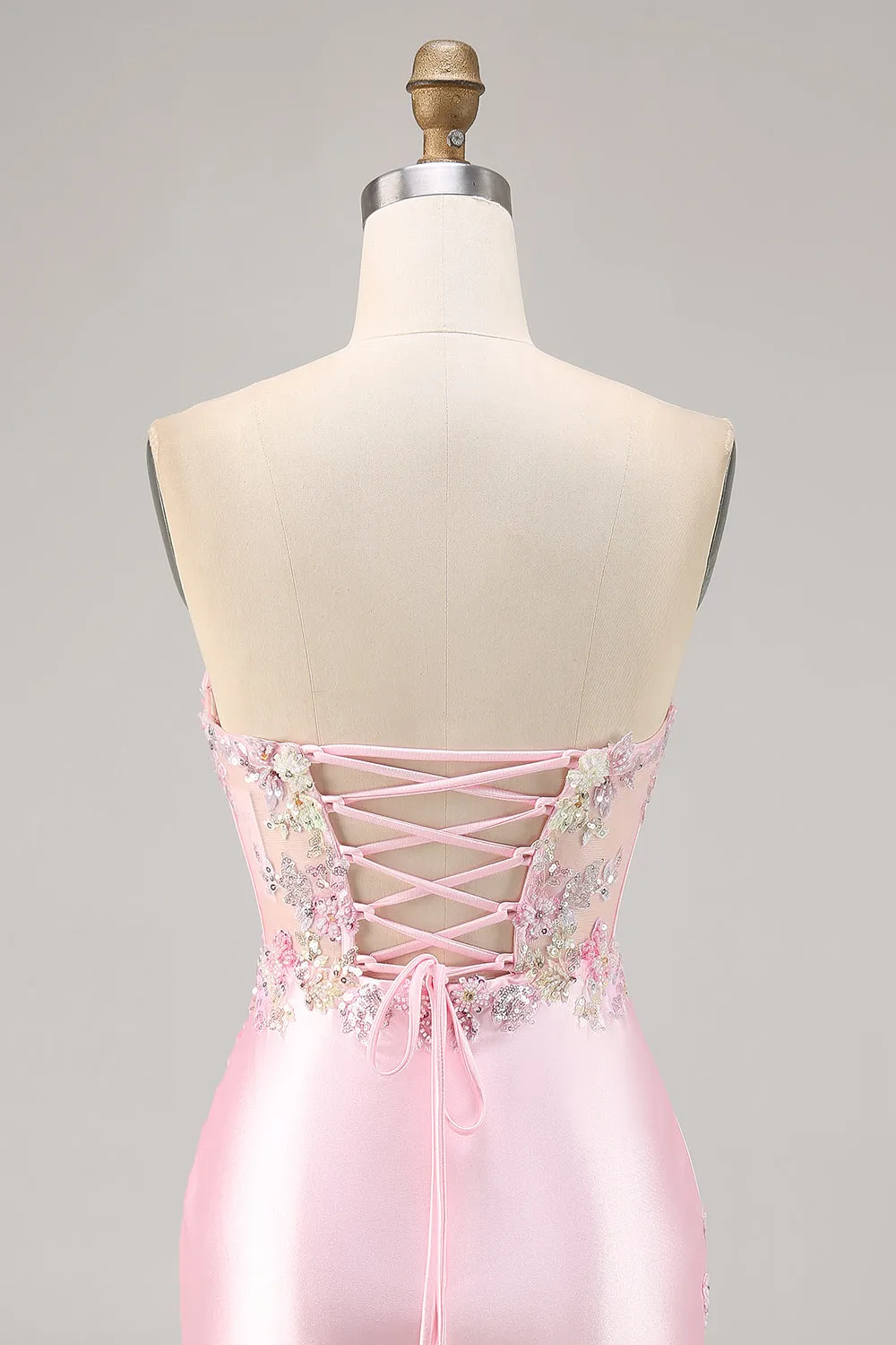 Candy Pink Strapless Bodycon Satin Short Corset Homecoming Dress with Appliques sold by Zapaka product image thumbnail 5
