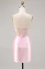 Candy Pink Satin Bodycon Short Corset Homecoming Dress with Appliques sold by Zapaka