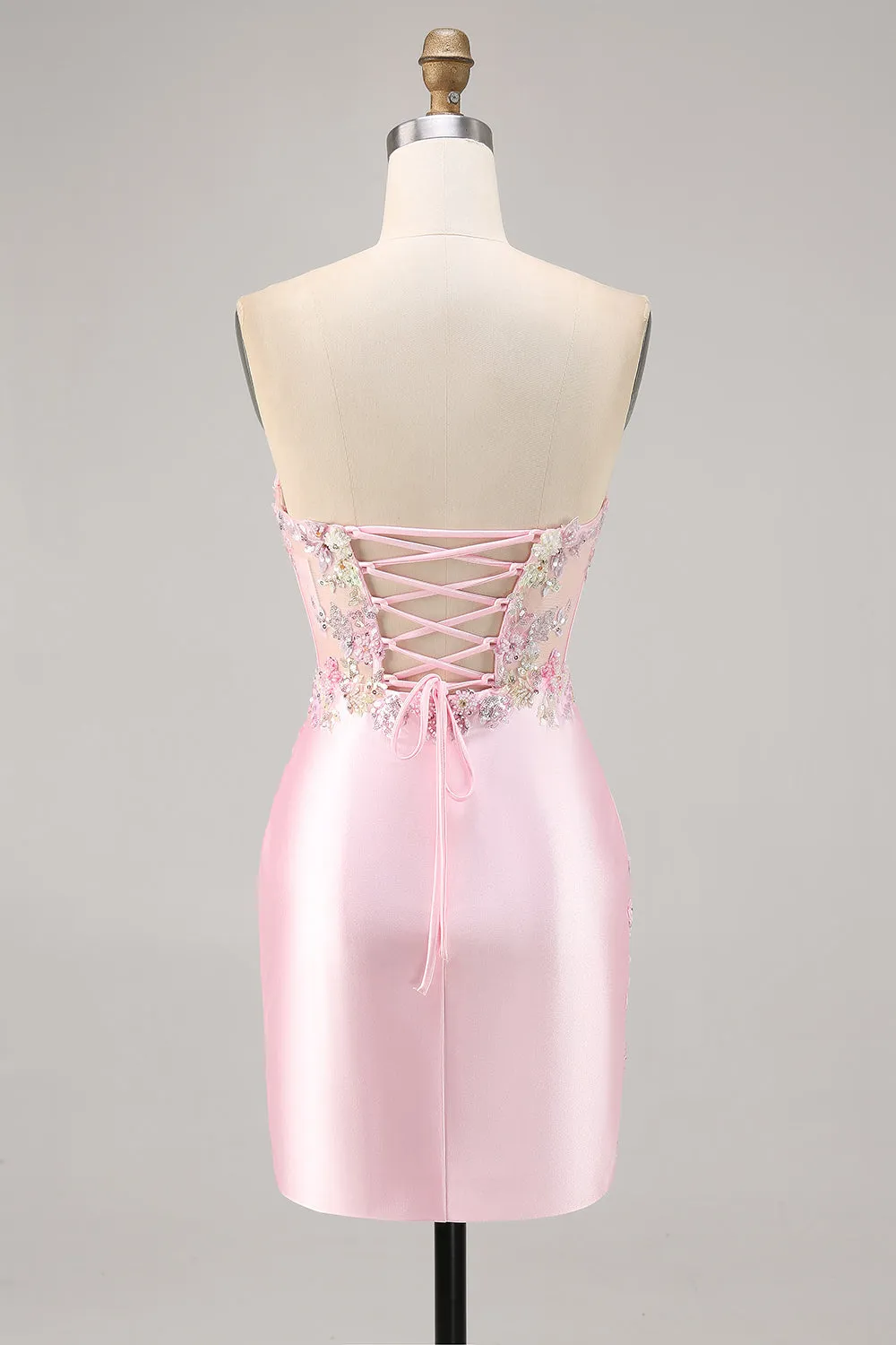 Candy Pink Strapless Bodycon Satin Short Corset Homecoming Dress with Appliques sold by Zapaka product image thumbnail 2