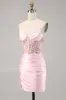 Candy Pink Satin Bodycon Short Corset Homecoming Dress with Appliques sold by Zapaka