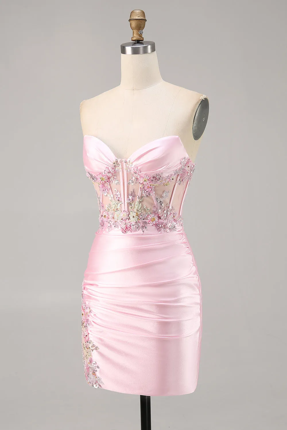 Candy Pink Strapless Bodycon Satin Short Corset Homecoming Dress with Appliques sold by Zapaka product image thumbnail 3