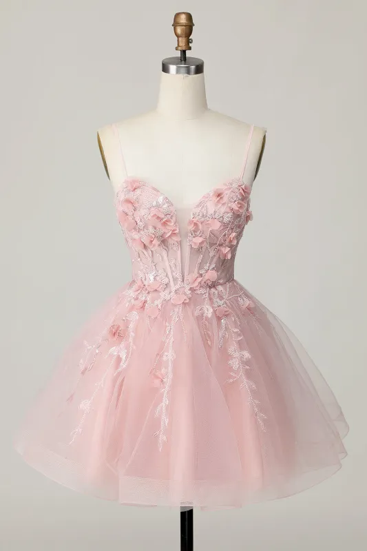 Pink Corset A Line Short Appliqued Homecoming Dress with Beading sold by Zapaka